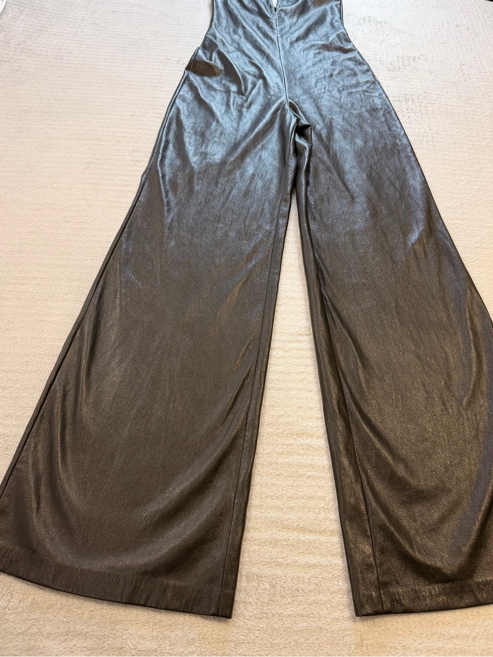 GOOD AMERICAN Faux Leather Strapless Jumpsuit Black Wide Leg Size 2